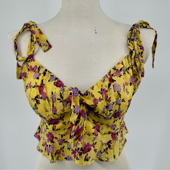For Love & Lemons Yellow Floral Silk Blend Milkmaid Ruffled Feminine Top - Picture 1 of 5